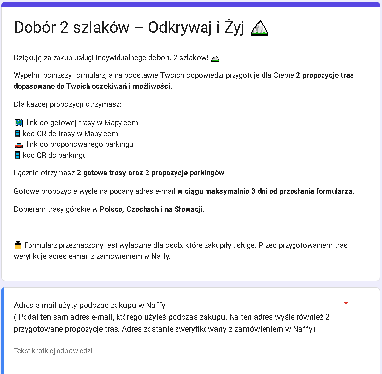 Przykładowy formularz doboru szlaków – część 1