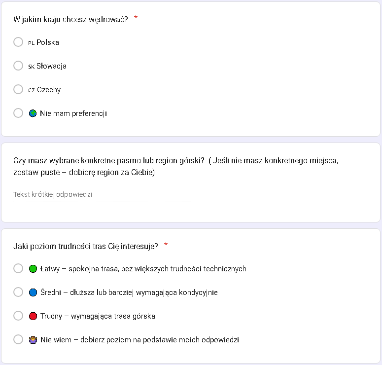 Przykładowy formularz doboru szlaków – część 2