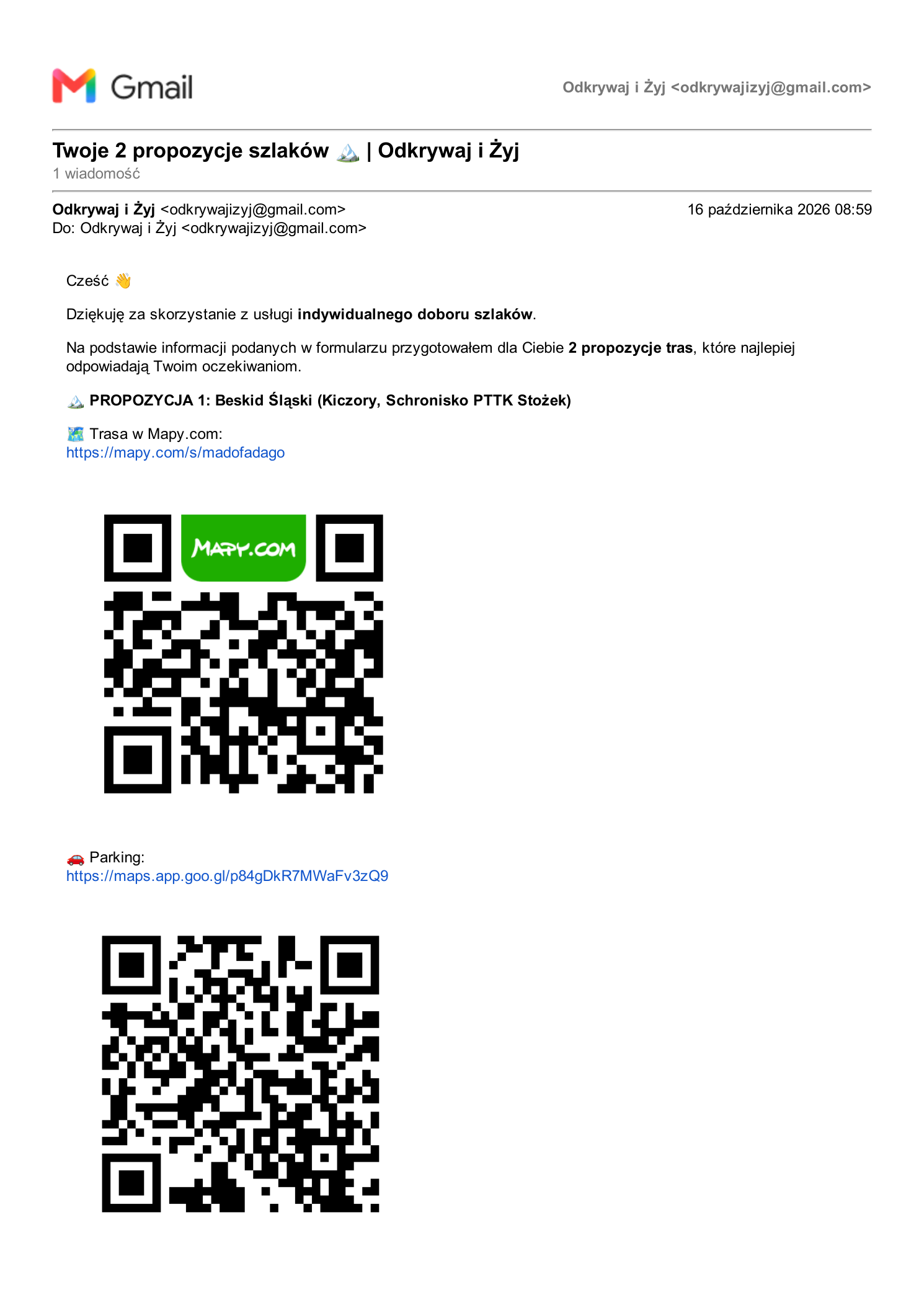 Przykładowy e-mail z pierwszą propozycją szlaku